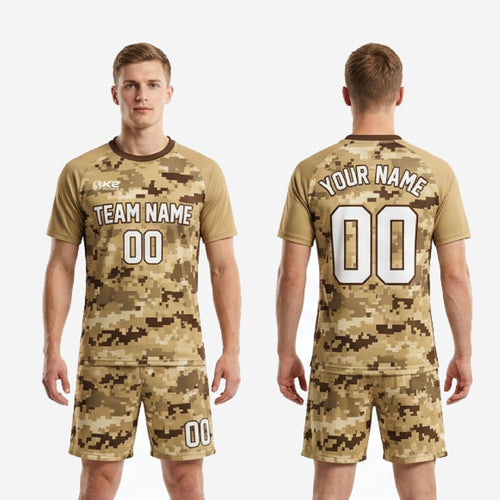 Mens digital camo custom soccer uniform back view showing player surname and back number sublimated in sand and chocolate brown kit