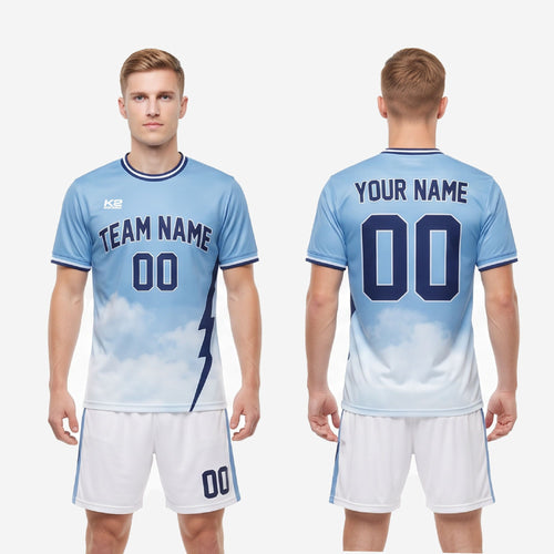 Back view of mens custom light blue soccer uniform showing player name and number print placement