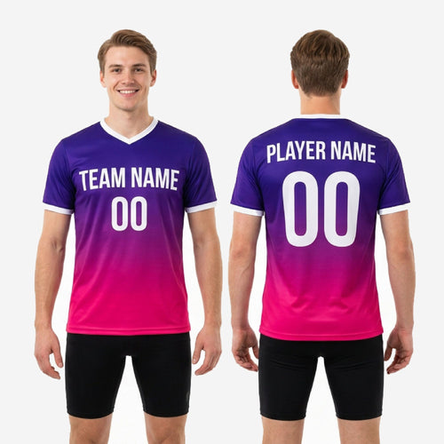 Full body view of mens custom gradient pink soccer training jersey in Royal Purple and Hot Pink with athletic cut and white contrast trim