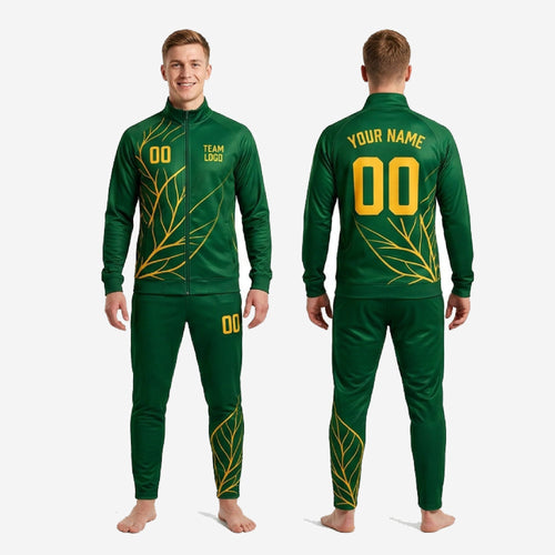 Mens green and gold soccer tracksuit set back view showing full-dye sublimation coverage and back name print zone