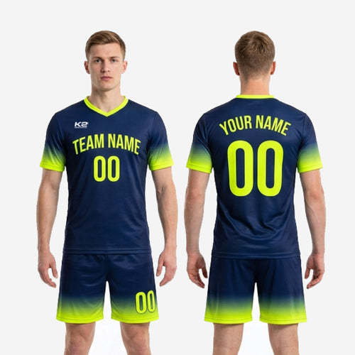 Full men's soccer team uniform set in Navy Blue and Neon Yellow gradient, complete two-piece custom sublimated kit
