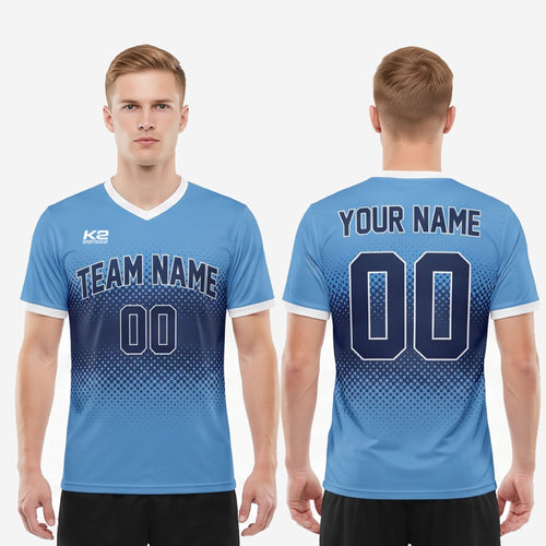 Men's royal blue sublimated soccer jersey with white contrast V-neck and cuff trim, full length matchday view