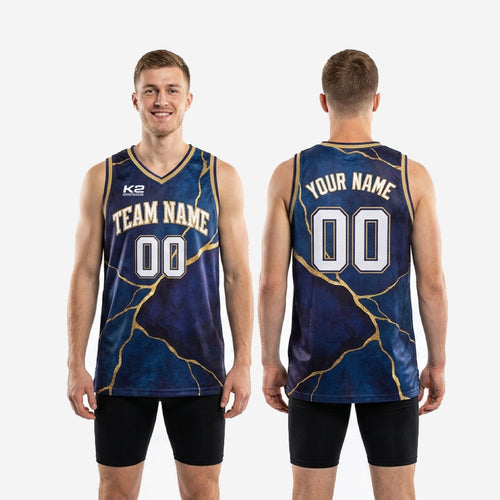 Size and spec chart for custom navy and gold basketball jerseys covering youth and adult sizes for whole roster team orders