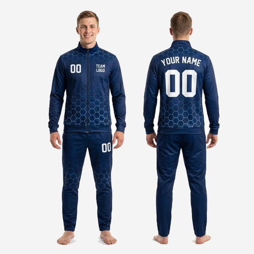 Complete 2-piece navy soccer tracksuit set with custom team name, logo, and player number printed edge to edge