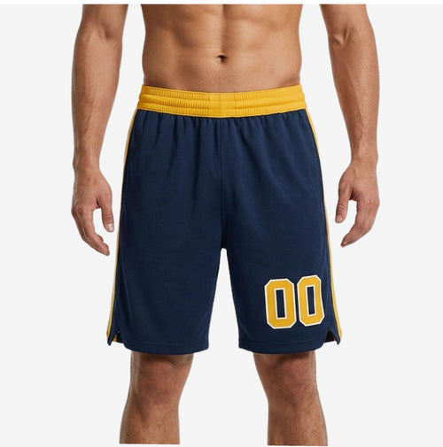 Custom navy and gold basketball shorts front view showing gold elastic waistband, 2-stripe side panel, and sublimated front number on navy body