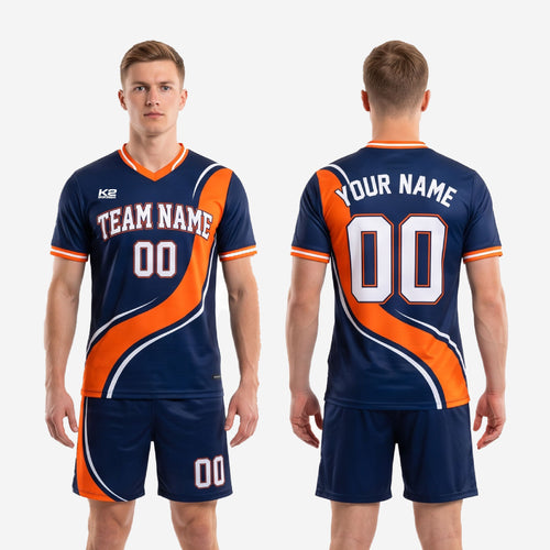 Front and back view of custom navy blue orange soccer uniform kit with team name and player numbers