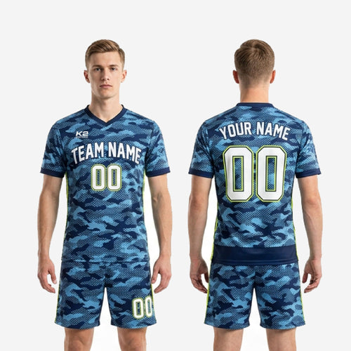 Close detail of sky blue and navy camo custom soccer shorts with neon yellow side stripe and elastic waistband