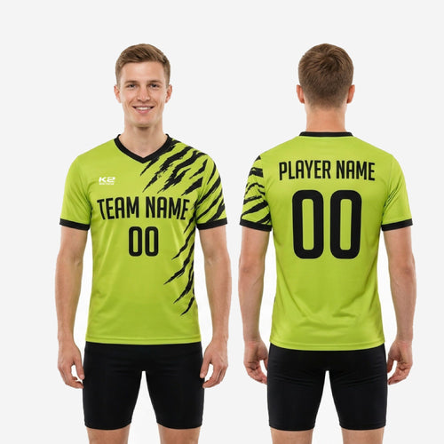 Close-up detail of V-neckline with black contrast collar trim on neon green custom printed practice jersey
