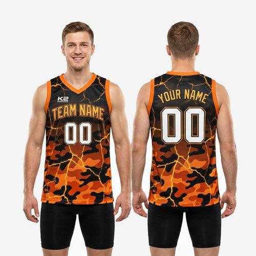 Size and spec chart for the custom orange and yellow basketball jersey showing youth and adult size run measurements