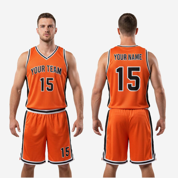 Size and specification sheet for the orange and black sublimated basketball uniform jersey and shorts set