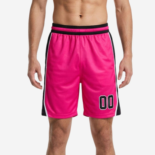 Custom basketball shorts pink and black colorway with full-length black and white side stripe, player number sublimated at lower left thigh, front view