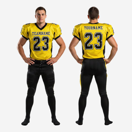 Size and specification chart for personalized American football uniforms available in youth through adult sizing