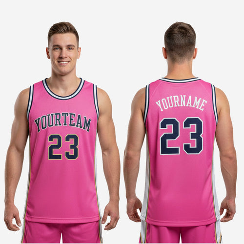 Custom Pink Basketball Jersey Designs - Navy, Crew Neck