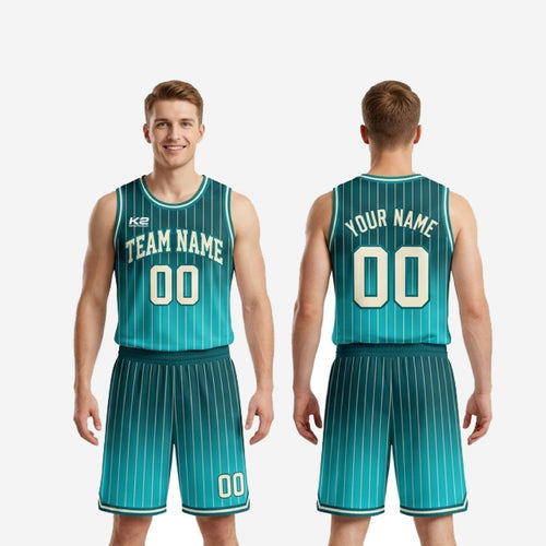 Size and specification sheet for the pinstripe teal basketball uniform set covering youth and adult sizing across the full roster size run