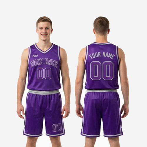 Size and specification sheet for men's custom purple and gold basketball uniform jersey and shorts set