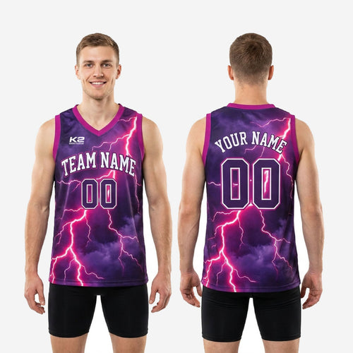 Size and spec chart for custom purple basketball jerseys showing youth and adult sizing dimensions
