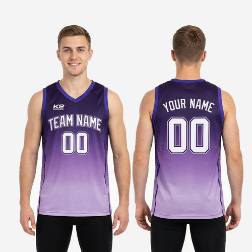 Size and specification chart for custom purple basketball jerseys covering youth and adult sizes for team roster orders