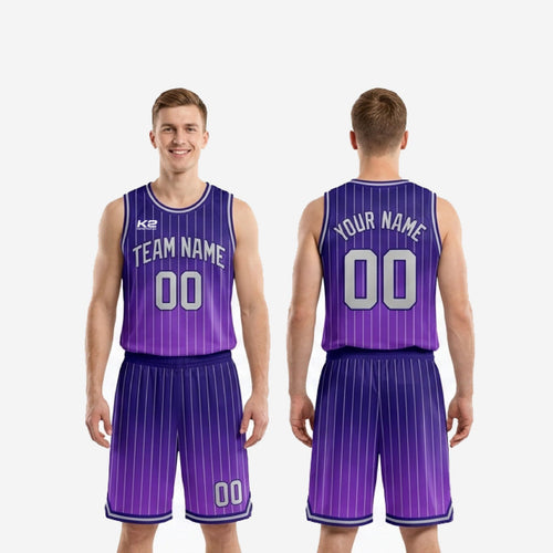 Size and specification sheet for the custom purple and navy pinstripe basketball uniform set for youth and adult rosters
