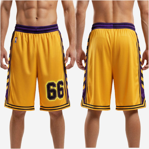 Size and specification chart for custom purple and gold sublimated basketball shorts, youth through adult sizing