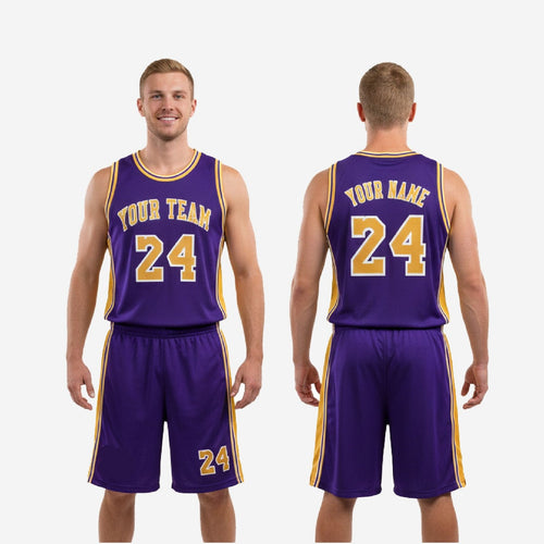 Size and specification sheet for custom purple and gold basketball uniforms showing youth and adult size run for full roster ordering