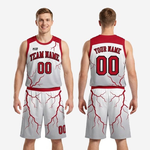 Size and specification sheet for custom red and white basketball uniforms showing youth and adult sizing chart