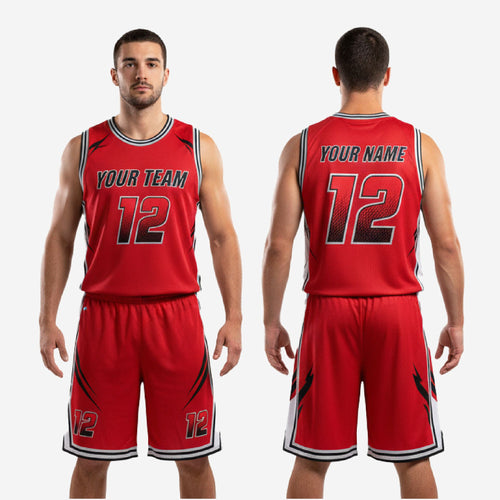 Red and black sublimated basketball uniform full set with matching jersey and shorts front and back