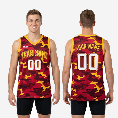 Size and spec chart for custom red and gold camo basketball jerseys showing youth and adult sizing options