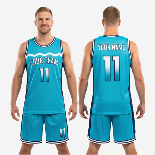 Full teal and navy retro wave basketball uniform set from K2 Sportswear, jersey and shorts kit