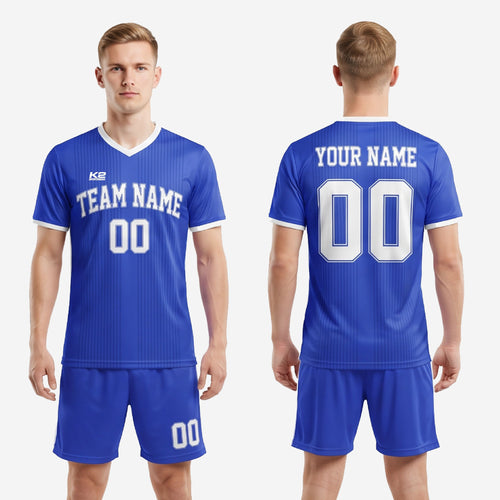 Full Royal Blue and white custom soccer uniform set jersey and shorts by K2 Sportswear
