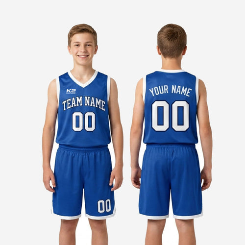 Size and spec sheet for royal blue and white youth basketball uniform set in full youth sizes for team ordering