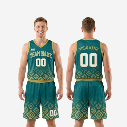 Size and specification sheet for teal and gold sublimated basketball uniforms showing youth and adult sizing options for team roster orders