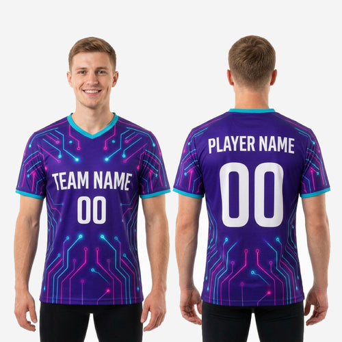 Full sublimation mens soccer practice jersey in Royal Purple, Turquoise, and Hot Pink geometric print with white lettering zones for team name and player number