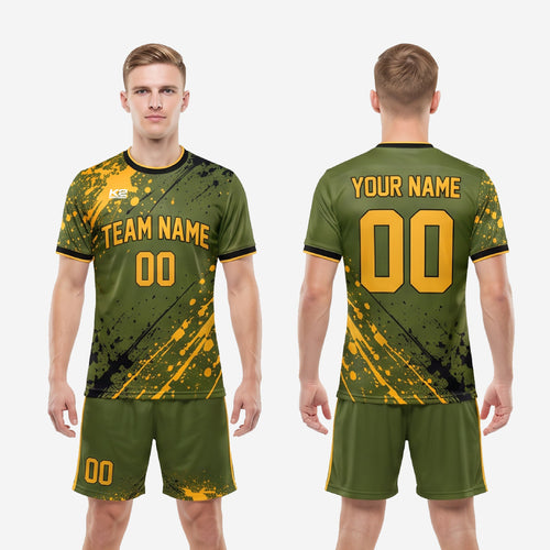 Sublimated soccer uniform army green and gold team kit with custom team name and number