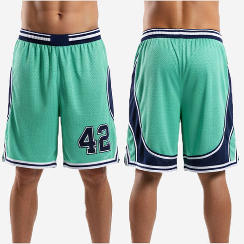 Detail view of teal basketball shorts showing the elastic waistband with navy and white stripe bands and internal drawcord