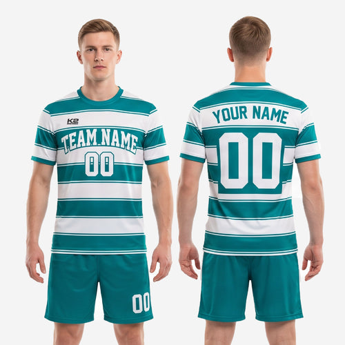 Full teal and white hooped soccer uniform kit showing complete jersey and shorts set by K2 Sportswear