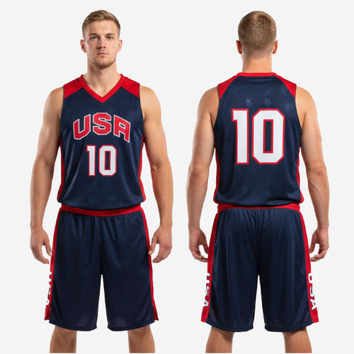 V-Neck Panel Men's Custom Basketball Uniforms in Navy and Red