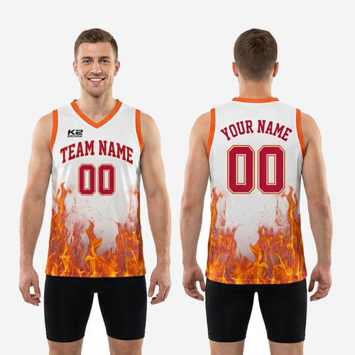 Size chart for custom white and orange basketball jersey showing youth and adult sizing measurements