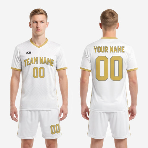 Complete white and gold soccer uniform set including jersey and shorts, custom sublimated team kit