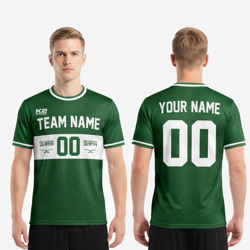 Sleeve cuff detail of white trim custom green soccer team jersey showing white accent band on Forest Green fabric