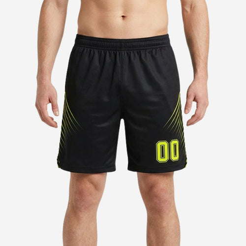 Wholesale basketball shorts in black and neon yellow with diagonal speed-line stripe pattern and player number 00 on front thigh panel