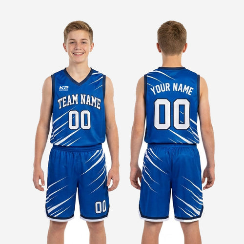 Youth basketball uniform size and specification sheet for blue and white slash-pattern jersey and shorts set