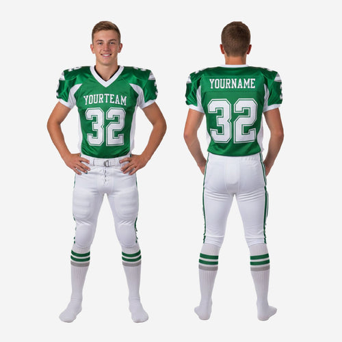 Size and specification sheet for custom youth tournament football uniforms in green and white sublimated polyester