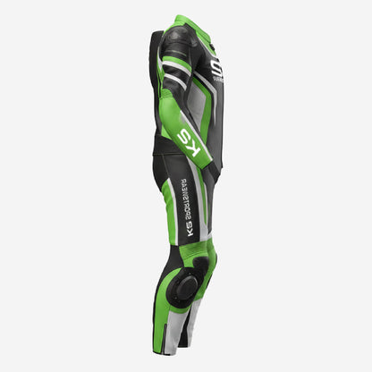 Custom Motorcycle One Piece Suit in Green & Black - Leather Racing Suit with CE Armor