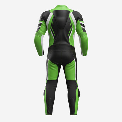 Custom Motorcycle One Piece Suit in Green & Black - Leather Racing Suit with CE Armor
