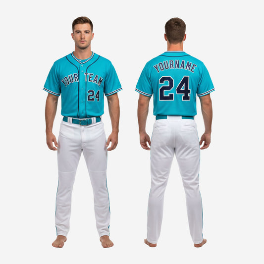 Custom Baseball Uniform in Ball Blue - Full Button Jersey & Pants Team Name & Number Set