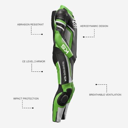 Custom Motorcycle One Piece Suit in Green & Black - Leather Racing Suit with CE Armor