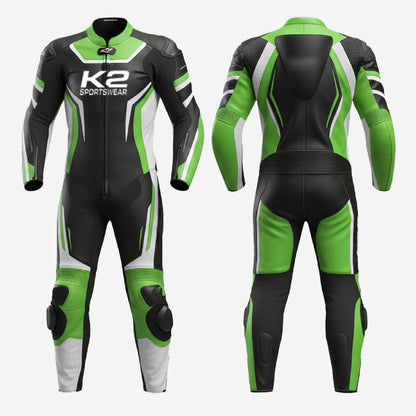 Custom Motorcycle One Piece Suit in Green & Black - Leather Racing Suit with CE Armor