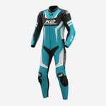 Custom Motorcycle One Piece Suit in Cyan & Black - Leather Racing Suit with CE Armor