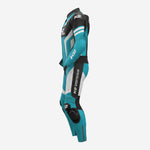 Custom Motorcycle One Piece Suit in Cyan & Black - Leather Racing Suit with CE Armor