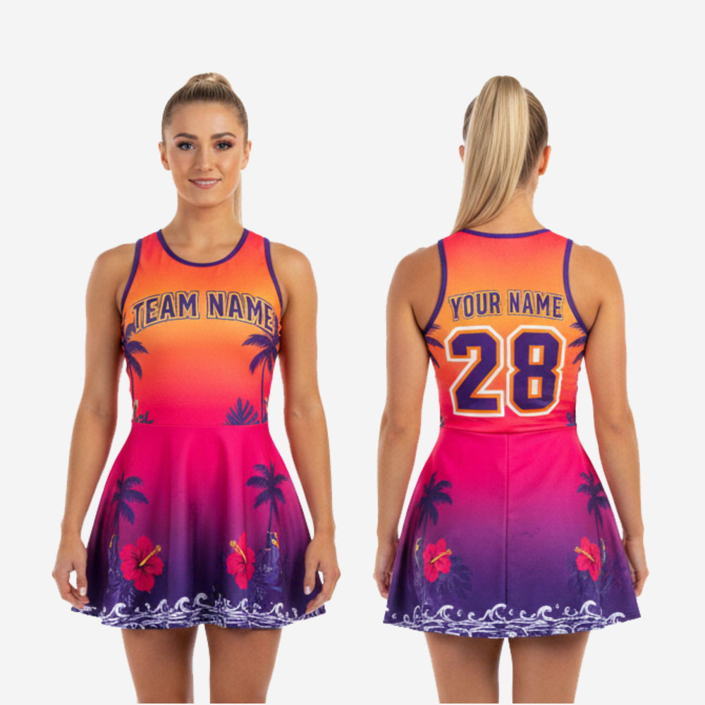 Custom Cheerleading Uniform Dress - Tropical Sunset Gradient Palm Tree Design